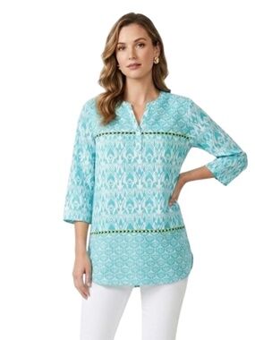 Hatley Tunic Dress Top Xl Teal Damask Floral Beach Cover Up Resort Wear Chic